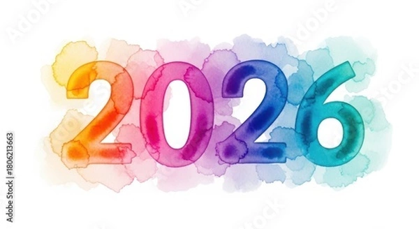 Fototapeta Vibrant 2026 watercolor design, perfect for new year greetings and festive celebrations, full of colorful optimism and artistic flair for a bright future