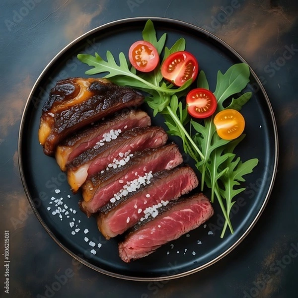 Obraz Delicious sliced steak with fresh arugula and tomatoes