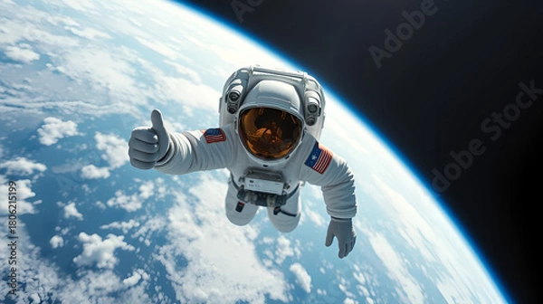Obraz Cosmonaut floating in space, astronaut in spacesuit fling in the space, astronaut in space suit showing thumb up or like gesture, cosmonaut in helmet and uniform