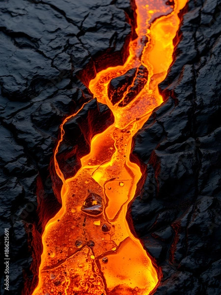 Obraz Golden molten texture resembling a glowing riverbed flowing over dark rock.