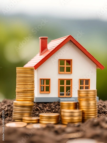 Obraz Home or residentail house model and stacks of rising coins.