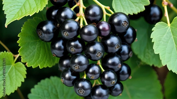 Obraz Ripe black currant berries on a full frame as a background. Concept organic gardening.