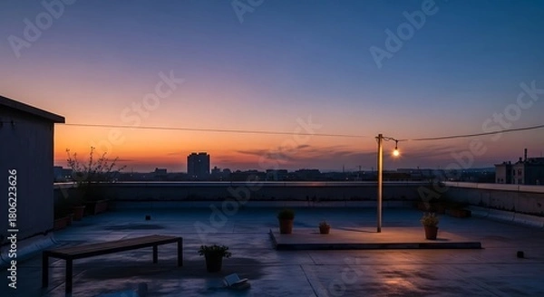 Obraz Rooftop retreat with cityscape silhouette under twilight luminescence