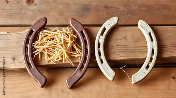 Obraz Two old rusty horseshoes with straw on vintage wooden board