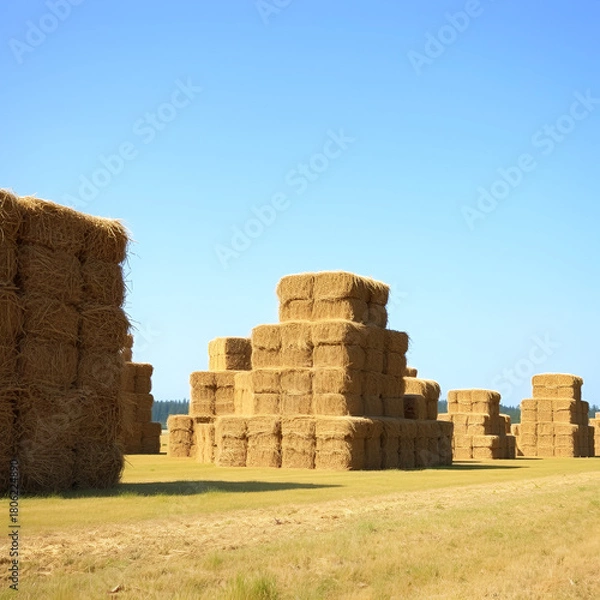 Obraz Large stacks of hay stacked on top of each other in a field.