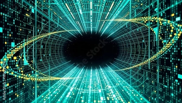 Obraz digital eye matrix tunnel intricate grid circular line network of blue and green neon light sci-fi motion