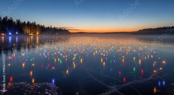 Fototapeta Beautiful winter lake illuminated by colorful festive lights