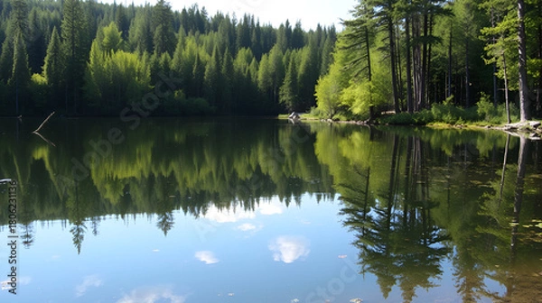 Obraz Reflection in the water of a forest, calm lake, summer time