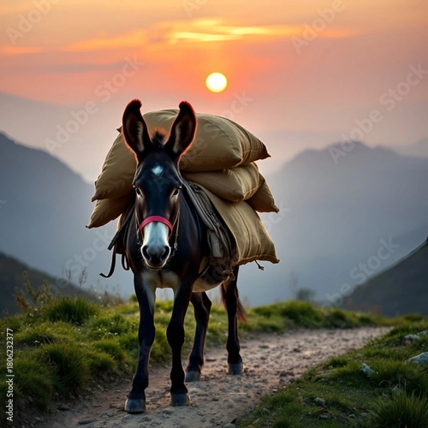 Obraz Donkey carrying sacks on mountain path at sunset