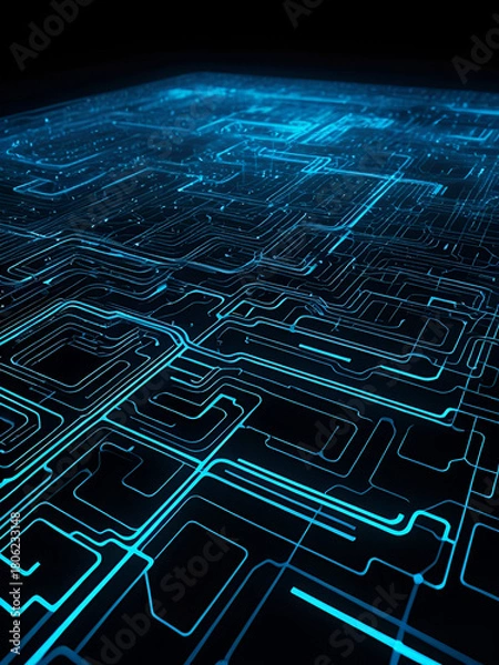 Obraz Create a high-tech digital background featuring a glowing circuit grid, dynamic particle trails, and a softly pulsing data flow pattern. Use a deep space black base with neon accents in electric blue