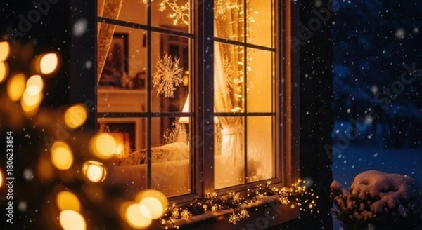 Fototapeta Warm Glow of Holiday Lights on a Snowy Evening