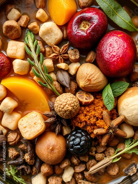 Obraz Close up of locally sourced ingredients used in brewing, such as fruits, herbs and spices