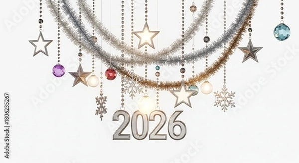 Fototapeta New Year 2026 festive decorations featuring silver tinsel, stars, snowflakes, and colorful ornaments on a clean white background.