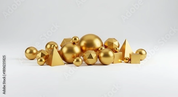 Obraz Abstract Golden Geometric Shapes Pile. 3D Render of Luxury Spheres, Pyramids, and Polygons on White.