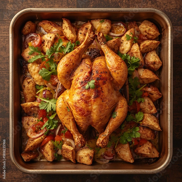 Fototapeta Perfectly roasted golden chicken, surrounded neatly by colorful salads and traditional Egyptian baladi bread