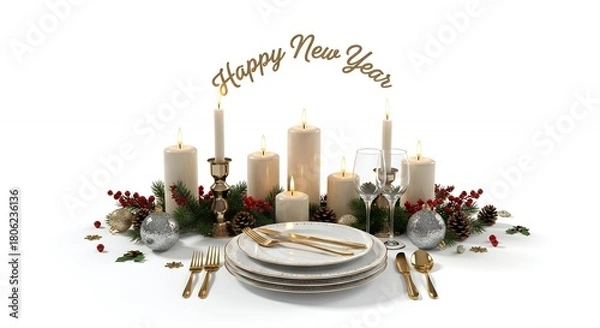 Fototapeta Elegant New Year's Eve Table Setting with Candles, Gold Cutlery & Festive Winter Decor