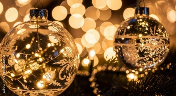 Obraz Elegant glass Christmas ornaments glowing with warm light and intricate designs evoke a festive holiday mood, perfect for seasonal promotions