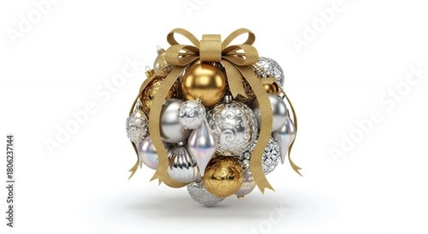 Obraz Festive Gold and Silver Christmas Ornaments Tied with a Ribbon on White Background