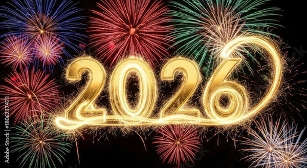 Obraz Shimmering 2026 New Year Celebration with Dazzling Fireworks Display, a Perfect Backdrop for Excitement and Festive Anticipation for a Bright Future