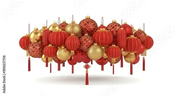 Obraz Vibrant Red & Gold Chinese Lanterns & Ornaments for Lunar New Year & Asian Celebration Decor. Isolated 3D Render.