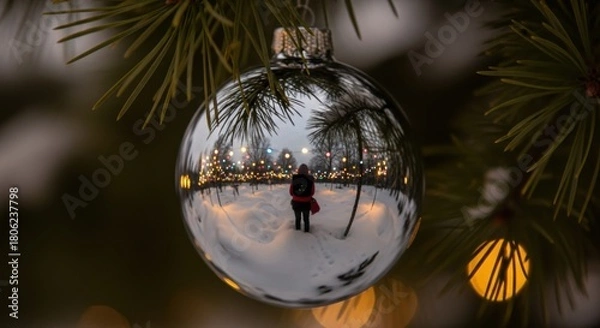 Fototapeta Shiny Ornament Reflects Person in a Snowy Winter Park