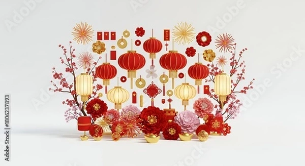 Obraz Festive Chinese New Year Decorations: Red Lanterns, Cherry Blossoms, Gold Coins, and Envelopes
