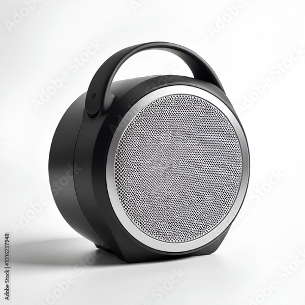 Obraz A portable speaker, isolated on a white surface, with a smooth finish and minimal shadow.