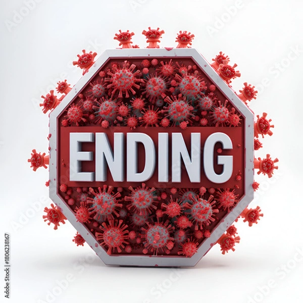 Obraz Ending and Covid-19, symbolized by a stop sign with word Ending and viruses to picture that Ending is related to the future of stopping coronavirus outbreak, 3d illustration