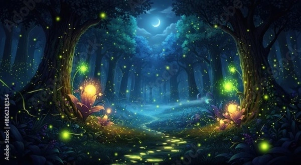 Fototapeta Enchanted night forest with glowing fireflies