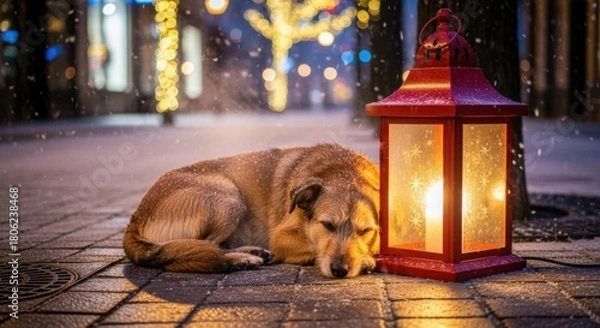 Obraz Dog dreams sweetly beside a glowing lantern in falling snow, creating a heartwarming winter scene perfect for holiday cheer and comforting moments