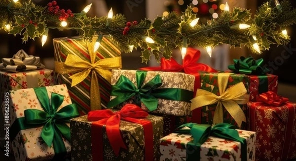 Obraz Festive Christmas presents with colorful ribbons under twinkling lights create a cozy holiday atmosphere for joyful celebrations and gift-giving moments