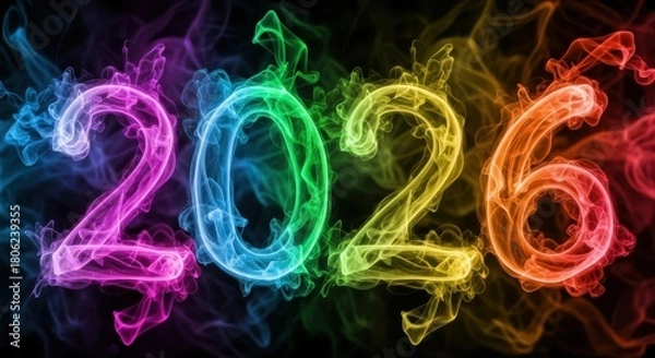 Obraz Stunning 2026 new year design with vibrant colorful smoke trails on black background, celebrating the future with dynamic energy and modern style