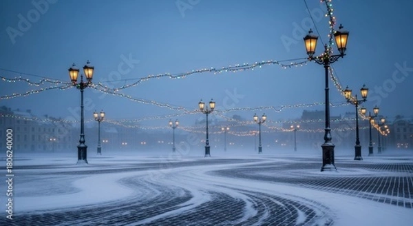 Obraz Experience the magic of winter with softly glowing streetlights and delicate holiday lights on a cold snowy night in a European city square