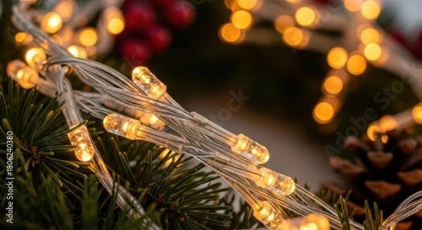 Obraz Festive holiday magic with glowing Christmas lights on evergreen branches, perfect for seasonal celebrations and cozy winter vibes, a classic holiday scene