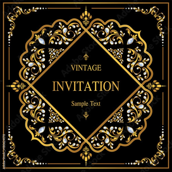 Fototapeta Indian wedding Invitation card templates with patterned and crystals on paper color.