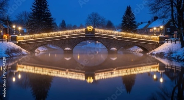 Fototapeta Festive Lights Reflecting on a Calm Winter River