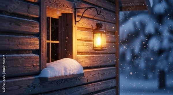 Obraz Cozy winter cabin window glows warmly with lantern light during a gentle snowfall, perfect for holiday promotions or heartwarming seasonal designs