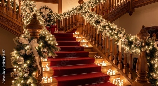 Obraz Elegant staircase adorned with festive Christmas lights and decorations creating a warm, inviting holiday ambiance for a luxury home or cozy winter scene