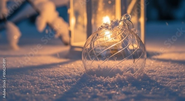 Obraz Magical winter scene with a glowing glass ornament and lantern nestled in fresh snow, perfect for holiday cards and cozy seasonal designs