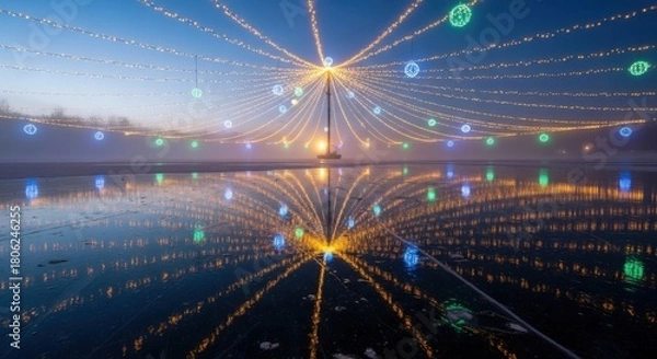 Obraz Magical winter wonderland reflecting vibrant holiday lights on glistening ice, creating a stunning festive atmosphere perfect for seasonal campaigns