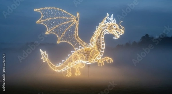Obraz Enchanting light sculpture of a dragon glowing in the fog, a mystical holiday display, fantasy lights with ethereal fog in the background at twilight