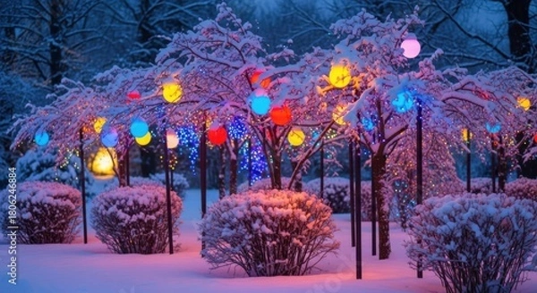 Obraz Enchanting winter wonderland scene with snow-covered trees glowing with vibrant Christmas lights, perfect for holiday promotions or magical winter campaigns