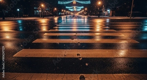 Obraz Magical city street glows with holiday spirit and fresh snowfall, footprints mark the crosswalk, creating an urban winter wonderland scene at night