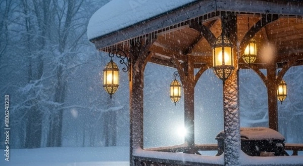 Obraz Enchanting winter wonderland with glowing lanterns illuminating a snow-covered gazebo during a peaceful snowfall, perfect for holiday season themes
