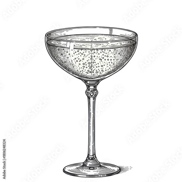 Fototapeta high-contrast black and white vintage etching illustration of a crystal champagne coupe, showing intricate effervescence and cross-hatching details on a transparent background. Timeless luxury concept