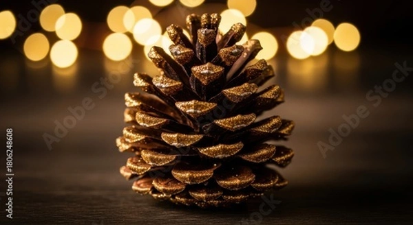 Obraz Sparkling golden pinecone glowing with holiday magic, perfect for Christmas cards or winter celebrations with warm bokeh lights and cozy festive cheer