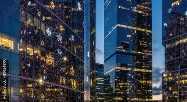 Obraz Stunning city skyscrapers shine with festive holiday lights at twilight, creating a vibrant urban winter wonderland atmosphere for business and lifestyle uses