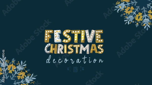 Fototapeta Festive christmas decoration text with floral accents on a dark teal background for holiday season cheer