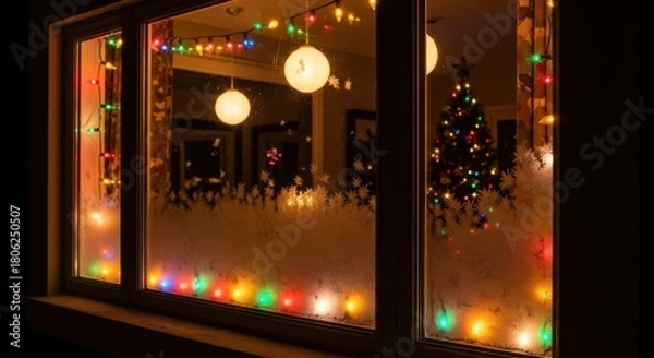 Obraz Festive Christmas tree glows warmly behind a frosty window pane adorned with colorful lights, spreading holiday cheer and cozy winter vibes