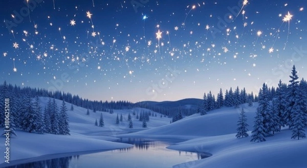 Obraz Magical winter wonderland with sparkling stars falling over snow covered landscape and reflecting in calm river, bringing peaceful Christmas atmosphere